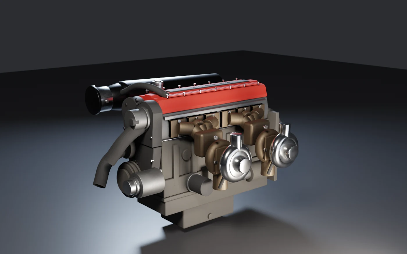 Later studio render of the same inline-six engine with individual throttle bodies, ribbed red cam cover, intake plenum, fasteners and correct proportions
