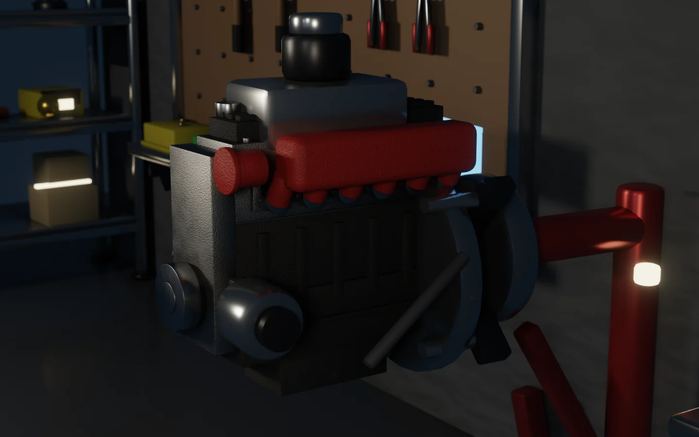 Early Blender render of an inline-six engine block, blocky and over-rounded, lit dimly in a dark garage scene