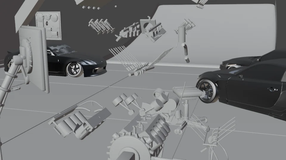 Grayscale Blender render of a V8 engine mid-way through an exploded-view animation, its components separated in layers across a garage floor beside two cars