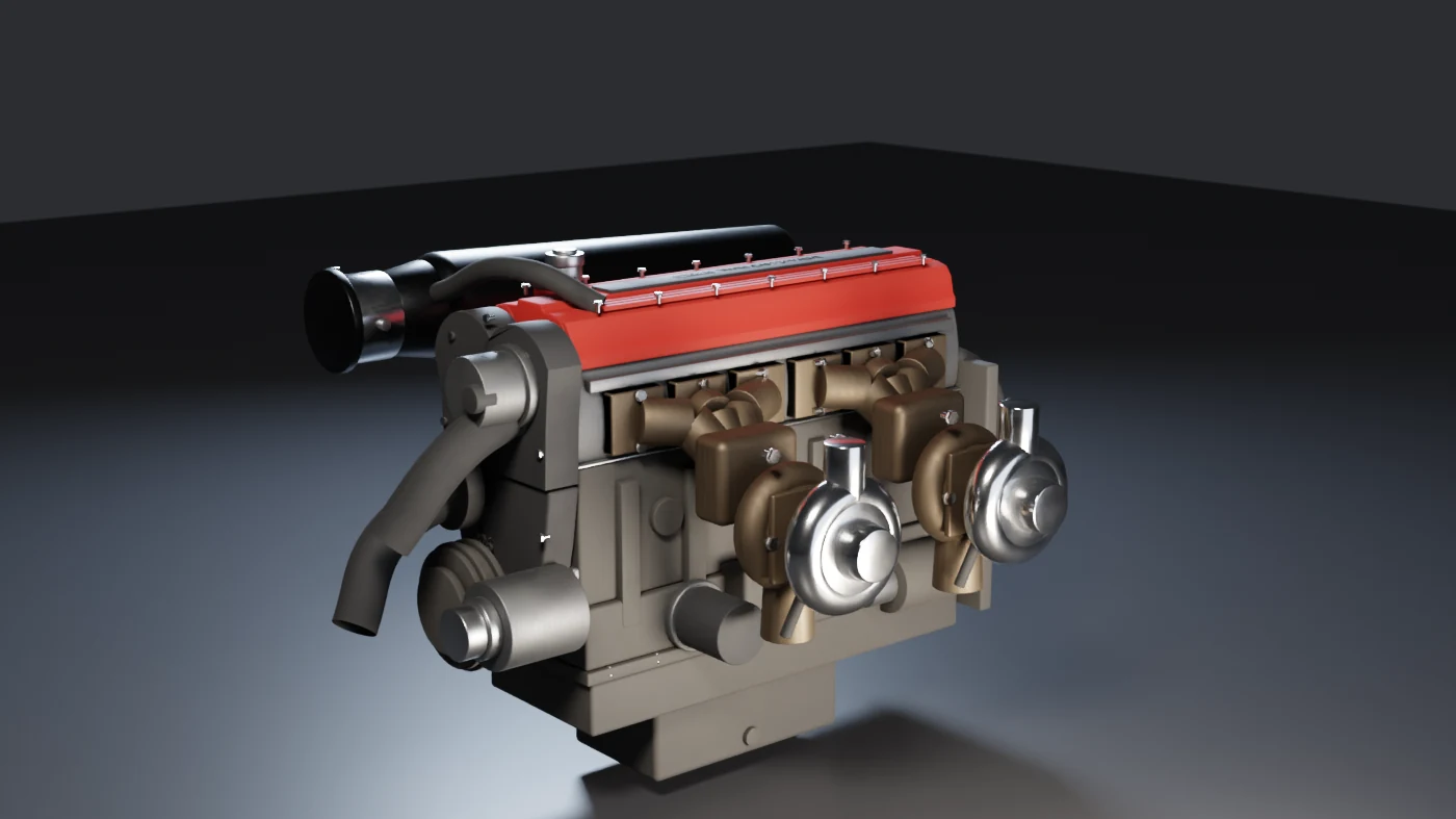 Studio render of a detailed inline-six engine with individual throttle bodies, a ribbed red cam cover and an intake plenum