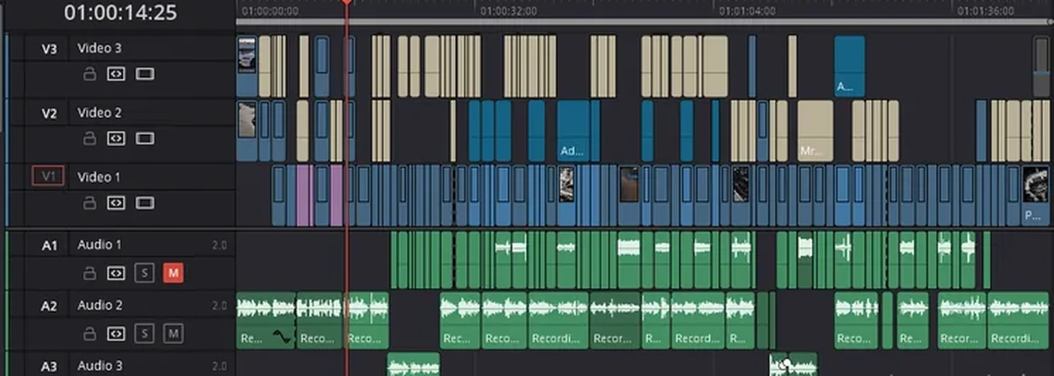 A DaVinci Resolve edit timeline with three video tracks and three audio tracks, densely packed with short cuts