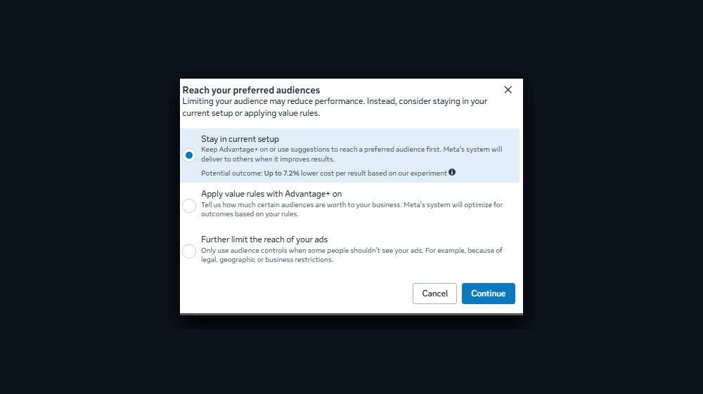 Meta Ads Manager dialog titled "Reach your preferred audiences", warning that limiting your audience may reduce performance and recommending you stay in the current setup with Advantage+ on
