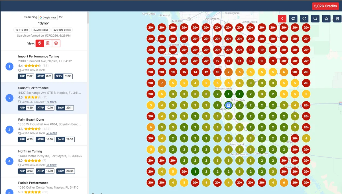 Local SEO heat map showing keyword ranking strength across a geographic grid