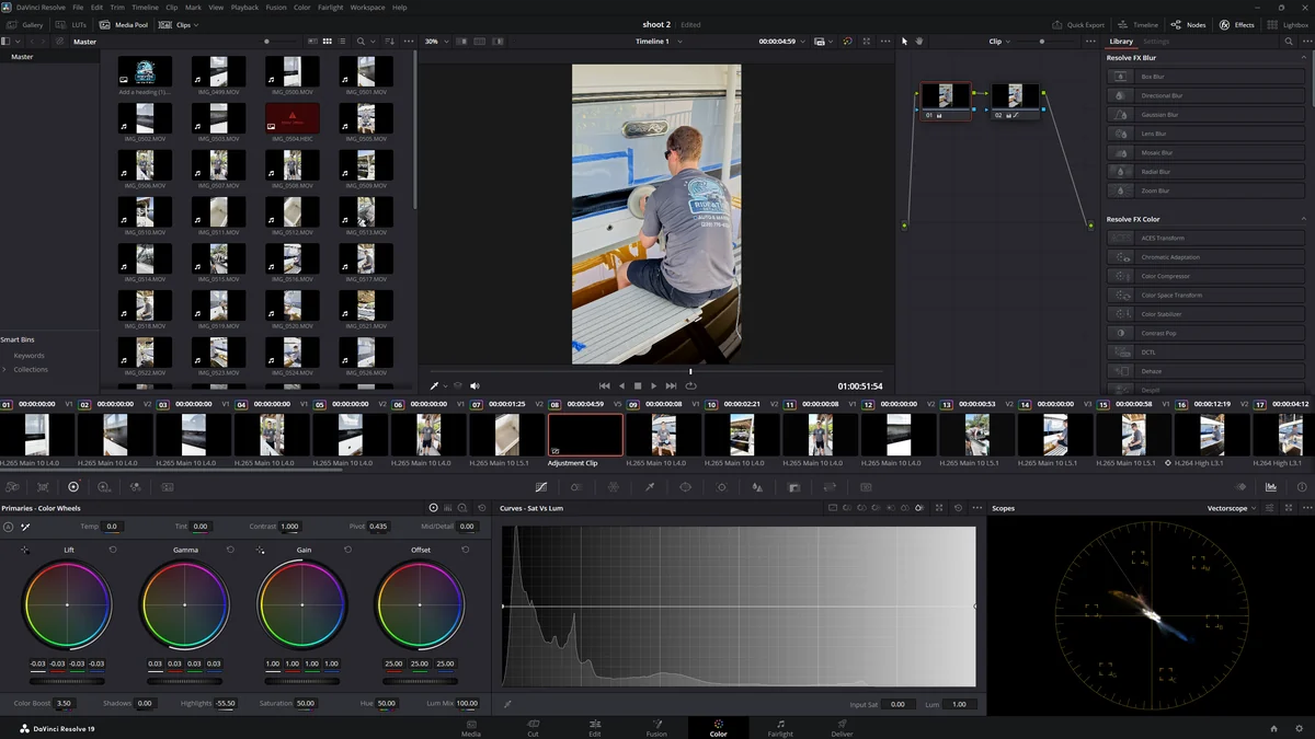 DaVinci Resolve color grading page — node graph, color wheels, scopes and a multi-clip timeline from a client shoot