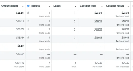 Meta Ads table listing amount spent, results, leads and cost per lead for each ad set