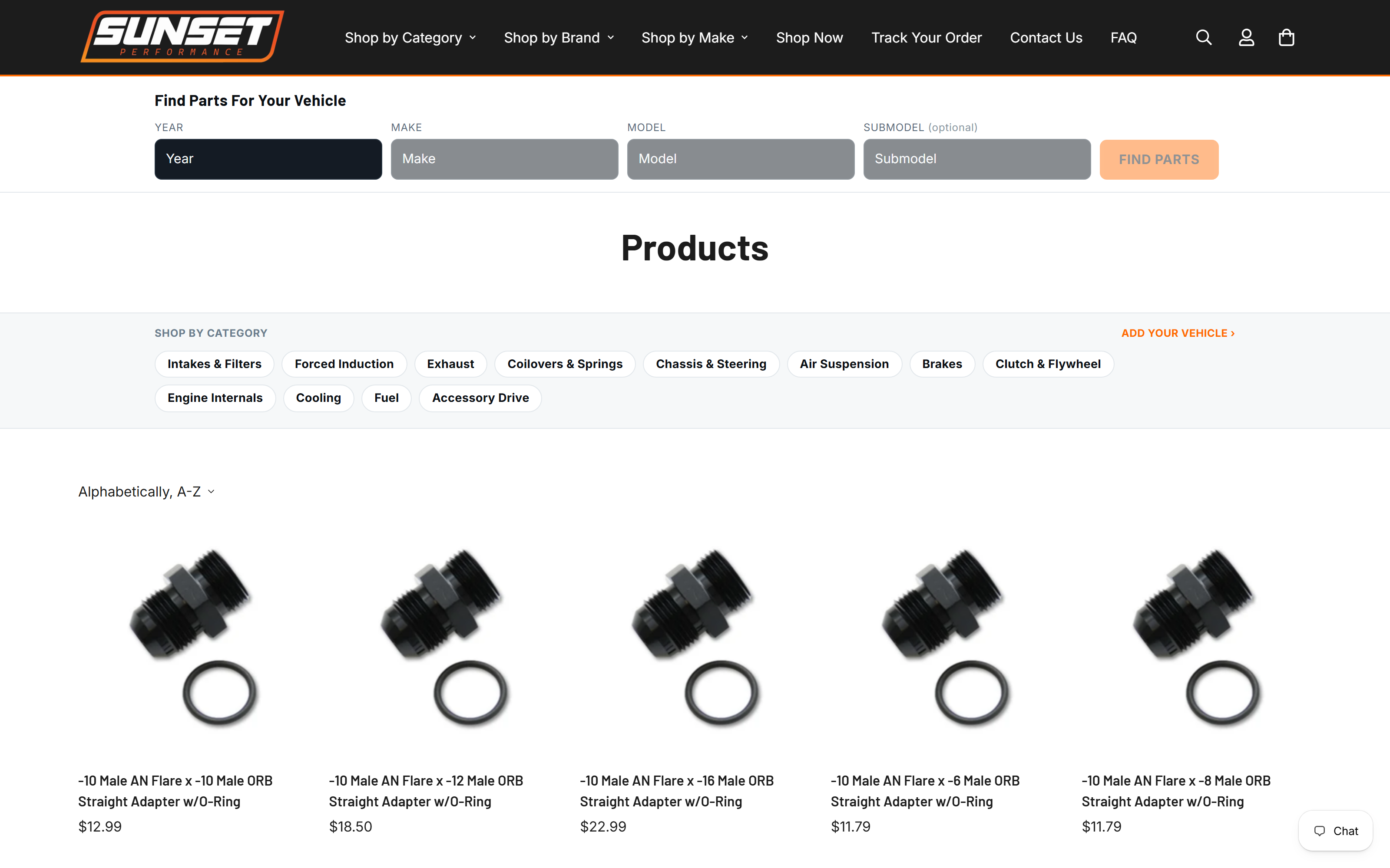 The Sunset Performance storefront as it runs today, showing the year, make and model parts finder above a catalog page of products with live prices.