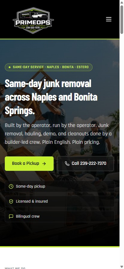 Prime Ops Hauling on mobile: a same-day junk removal headline for Naples and Bonita Springs with Book a Pickup and Call buttons plus trust badges.