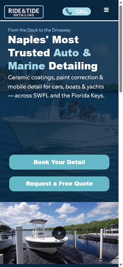 Ride and Tide Detailing on mobile: tap-to-call in the header, a headline reading Naples' Most Trusted Auto and Marine Detailing, with Book Your Detail and Request a Free Quote buttons.