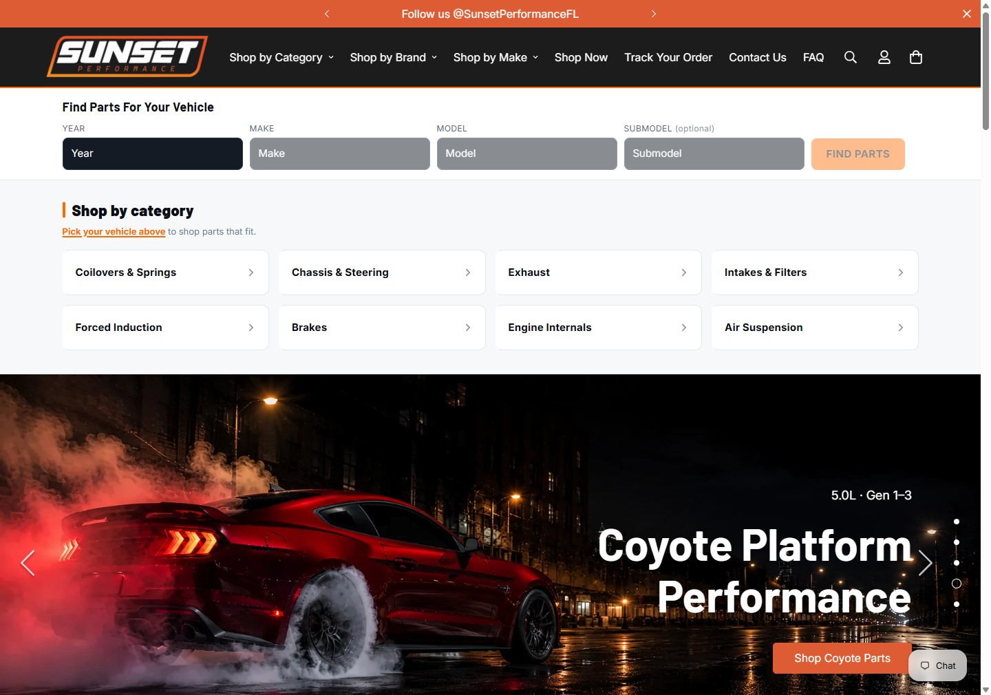 Sunset Performance homepage showing a performance auto parts and accessories storefront.