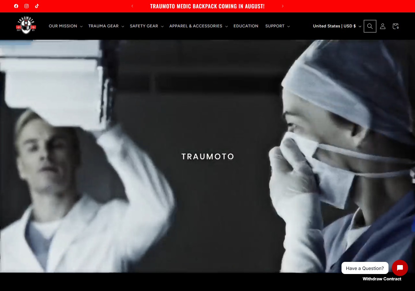 Traumoto homepage: a cinematic black-and-white hero video of medics preparing for surgery, with the Traumoto wordmark centered.